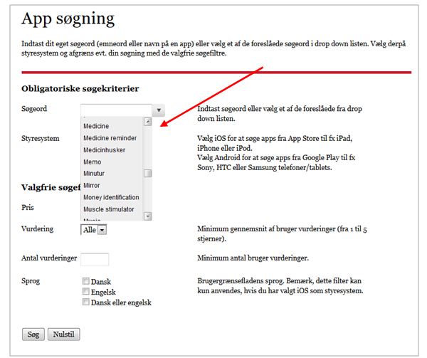 Hjælpemiddelbasens app søgning med udfoldet drop down liste i søgefeltet