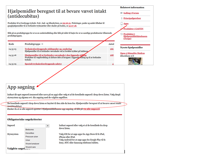 Navigation fra produktområde til app søgefunktion med søgeord relateret til det aktuelle produktområde